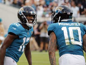 Jacksonville Jaguars wide receiver Dede Westbrook (12) celebrates his 61-yard touchdown against the New England Patriots with teammate wide receiver Donte Moncrief (10) during the second half of an NFL football game, Sunday, Sept. 16, 2018, in Jacksonville, Fla.