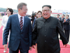 North Korean leader Kim Jong-Un, his wife Ri Sol-Ju welcome South Korean President Moon Jae-in and his wife Kim Jung-sook during a ceremony at Pyongyang airport on Sept. 18, 2018.