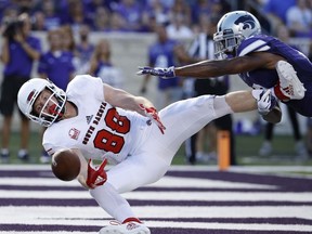 Kansas State defensive back Duke Shelley breaks up a pass intended for South Dakota wide receiver Levi Falck (88) during the first half of an NCAA college football game Saturday, Sept. 1, 2018, in Manhattan, Kan.
