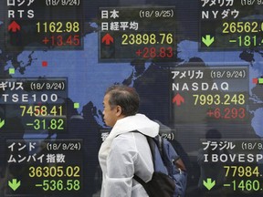 A man walks by an electronic stock board of a securities firm in Tokyo, Tuesday, Sept. 25, 2018. Asian stock markets were mostly lower Tuesday after a Chinese government report accusing the Trump administration of bullying other countries dampened hopes for a settlement in their escalating tariff war.
