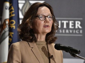 CIA Director Gina Haspel addresses the audience as part of the McConnell Center Distinguished Speaker Series at the University of Louisville, Monday, Sept. 24, 2018, in Louisville, Ky.