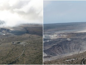 These 2018 images released by the United States Geological Survey, USGS, shows past, left, and present views of Kilauea's summit in Hawaii. At left is a photo taken on Nov. 28, 2008, with a distinct gas plume rising from the vent that had opened within Halemaumau about eight months earlier. At right is a photo taken on August 1, 2018, to approximate the 2008 view for comparison. Hawaii Volcanoes National Park will reopen its main gates Saturday, Sept. 22, 2018, welcoming carloads of visitors eager to see Kilauea's new summit crater and the area where a longstanding lava lake once bubbled near the surface. The park has been closed for 135 days as volcanic activity caused explosive eruptions, earthquakes and the collapse of the famed Halemaumau crater. (USGS via AP)