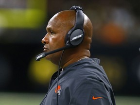 Cleveland Browns head coach Hue Jackson watches the second half of an NFL football game against the New Orleans Saints in New Orleans , Sunday, Sept. 16, 2018.
