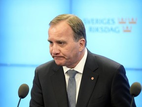Swedish Prime Minister Stefan Lofven speaks to the media after losing a vote of confidence in the Swedish Parliament Riksdagen, Tuesday Sept. 25, 2018. Stefan Lofven, the leader of the Social Democratic Party, will continue as caretaker prime minister until a new government can be formed.