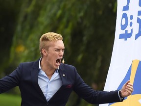 William Hahne, vice chairman of the far-right Alternative For Sweden party, speaks at a campaign meeting in Kungstradgarden park in Stockholm, Friday, Sept. 7, 2018.