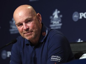 FILE - In this Tuesday, Aug. 7, 2018 file photo, Thomas Bjorn, of Denmark, captain of the 2018 European Ryder Cup team, speaks during a news conference at the PGA Championship golf tournament, at Bellerive Country Club in St. Louis. Bjorn, has welcomed the inclusion of Tiger Woods in the United States team, saying it will be good for the event which takes place outside Paris Sept. 28-30.