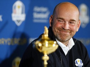FILE - In this Tuesday Oct. 17, 2017 file photo, Europe's Ryder Cup captain Thomas Bjorn takes part in a 2018 Ryder Cup media conference with US Ryder Cup captain, Jim Furyk in Paris, France. Bjorn is one of European golf's elder statesmen, inside both the ropes and the boardroom, but he hadn't appreciated just how all-consuming the role, something he has described as a "lifelong dream", has become.