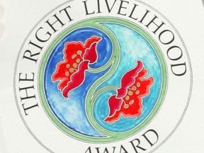 FILE - In this file photo dated Thursday Dec. 9, 2004, the Logo of The Right Livelihood Award, known as the "Alternative Nobel",  shown in Stockholm, Sweden. It is announced Monday Sept. 24, 2018, that The Right Livelihood Award for 2018 has been given to three jailed Saudi human rights defenders and two South American anti-corruption crusaders.