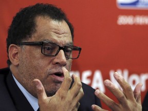 FILE - In this file photo dated  Friday Jan. 18, 2013, South African sports administrator Danny Jordaan, speaks during the 2010 FIFA World Cup Legacy Trust media conference in Johannesburg, South Africa. The southern African soccer region COSAFA on Saturday Sept. 8, 2018, endorsed South Africa's Danny Jordaan, the 2010 World Cup's head organizer, for a place on the FIFA Council left open when Kwesi Nyantakyi resigned under allegations of corruption.