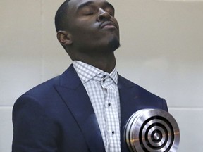 Boston Celtics guard Jabari Bird appears for his arraignment on domestic violence charges at Brighton Municipal Court, Thursday, Sept. 13, 2018 in Boston.  Prosecutors say Bird choked his girlfriend multiple times, kicked her and prevented her from leaving his apartment for hours last week before he collapsed in distress.