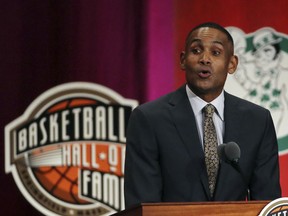 Grant Hill speaks during induction ceremonies at the Basketball Hall of Fame, Friday, Sept. 7, 2018, in Springfield, Mass.