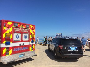 Emergency personnel respond to Newcomb Hollow Beach in Wellfleet, Mass,  on Saturday, Sept. 15, 2018.   The Cape Cod Times says rescue crews responded to Newcomb Hollow Beach in Wellfleet at around noon Saturday after one person was apparently bitten by a shark. It's not immediately clear the extent of the person's injuries.