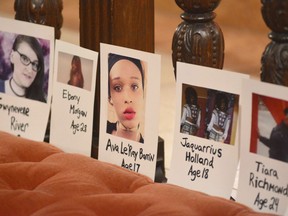 FILE - In this Thursday, Nov. 16, 2017 file photo, pictures of transgender people lost to violence earlier in the year are displayed during a Transgender Day of Remembrance vigil at St. Stephen's Episcopal Church in Pittsfield, Mass. For transgender Americans, 2018 has been marked by series of advancements and setbacks.