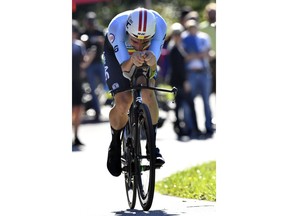 Victor Campenaerts of Belgium competes in the men's individual time trial at the Road Cycling World Championships in Innsbruck, Austria, Wednesday, Sept. 26, 2018.