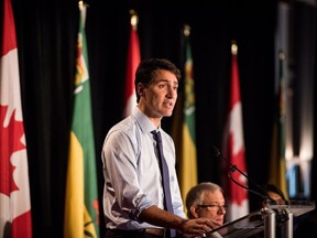 Prime Minister Justin Trudeau addresses the Liberal Party National Caucus meeting in Saskatoon on Wednesday, September 12, 2018.