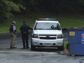 Authorities respond to a shooting in Harford County, Md., on Thursday, Sept. 20, 2018.  Authorities say multiple people have been shot in northeast Maryland in what the FBI is describing as an "active shooter situation."