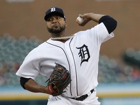 Detroit Tigers starting pitcher Francisco Liriano throws during the first inning of a baseball game against the Kansas City Royals, Friday, Sept. 21, 2018, in Detroit.