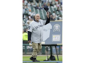 Former Detroit Tigers third baseman Don Wert acknowledges the fans as he is introduced for the 1968 World Series Championship 50th Anniversary ceremony before the Tigers baseball game against the St. Louis Cardinals, Saturday, Sept. 8, 2018, in Detroit.