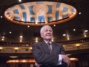 FILE - In a Friday, March 4, 2016 file photo, Michigan Opera Theatre artistic director David DiChiera stands inside the Detroit Opera House in Detroit.  Musician David DiChiera, who championed opera's role in reviving downtown Detroit and directed several opera organizations nationwide, died Tuesday, Sept. 18, 2018 of pancreatic cancer. He was 83.