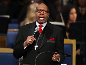 Rev. Jasper Williams, Jr., delivers the eulogy during the funeral service for Aretha Franklin at Greater Grace Temple, Friday, Aug. 31, 2018, in Detroit. Franklin died Aug. 16, 2018 of pancreatic cancer at the age of 76.