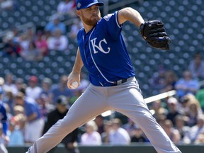Kansas City Royals starting pitcher Ian Kennedy delivers during the first inning of a baseball game against the Minnesota Twins, Sunday, Sept. 9, 2018, in Minneapolis.