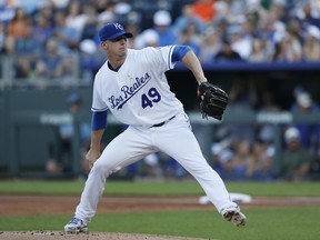 Kansas City Royals pitcher Heath Fillmyer throws to a Baltimore Orioles batter in the first inning of a baseball game at Kauffman Stadium in Kansas City, Mo., Saturday, Sept. 1, 2018.