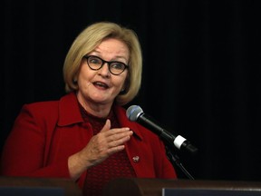 Incumbent Democratic Sen. Claire McCaskill of Missouri speaks during a candidate forum at the annual Missouri Press Association convention Friday, Sept. 14, 2018, in Maryland Heights, Mo.