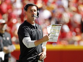 San Francisco 49ers head coach Kyle Shanahan looks at the scoreboard during the second half of an NFL football game against the Kansas City Chiefs in Kansas City, Mo., Sunday, Sept. 23, 2018.