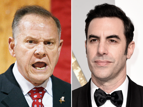 Ex-U.S. Senate candidate Roy Moore, left, claims to have “suffered extreme emotional distress” as a result of “being falsely portrayed as a sex offender and pedophile” on comedian Sacha Baron Cohen’s television show.