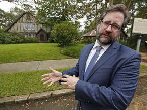 Jon Parrish Peede, chairman of the National Endowment for the Humanities, speaks about the importance of recognizing influential writers such as Eudora Welty, after the inaugural Mississippi Writers Trail marker is unveiled outside Welty's house in Jackson, Miss., Monday, Sept. 10, 2018. Peede, a Mississippi native, joined Gov. Phil Bryant and Welty family members in the unveiling.