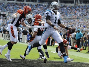 Carolina Panthers' Cam Newton (1) runs for a touchdown against the Cincinnati Bengals during the first half of an NFL football game in Charlotte, N.C., Sunday, Sept. 23, 2018.