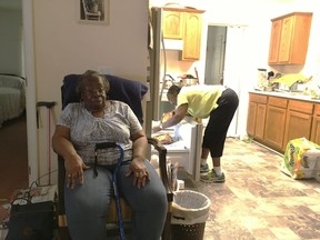 Dorothy Pope, 78, and her sister Clydie Gardner, 71, settle in to the home they share in Princeville, N.C., after a normal grocery run on Tuesday, Sept. 11, 2018. They are keeping an eye on the storm but have no plans to leave unless they are threatened by flooding.