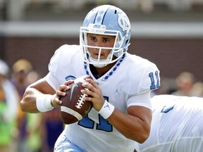 North Carolina quarterback Nathan Elliott (11) looks to pass the ball during the first half of an NCAA college football game against East Carolina in Greenville, N.C., Saturday, Sept. 8, 2018.
