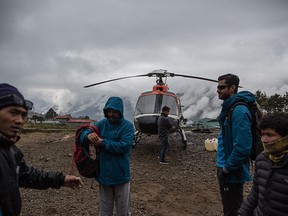Trekkers at the airport in Lukla, Nepal before beginning their trek to the Everest base camp, May 3, 2018.