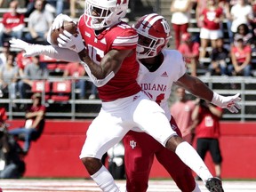 Rutgers wide receiver Shameen Jones catches a touchdown pass from quarterback Artur Sitkowski as Indiana defensive back Bryant Fitzgerald tries to defend during the first half of an NCAA college football game, Saturday, Sept. 29, 2018, in Piscataway, N.J.
