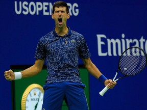 Novak Djokovic of Serbia exults after beating Juan Martin del Potro in straight sets to win his third U.S. Open men's tennis championship in New York Sunday. Set scores were 6-3, 7-6 and 6-3.