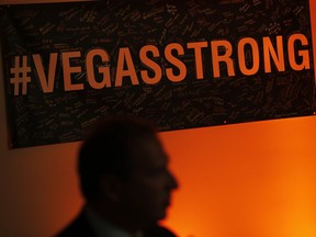 A Vegas Strong sign hangs on the wall during a reunion event for victims of the Oct. 1 shooting and their health care providers at Sunrise Hospital, Friday, Sept. 14, 2018, in Las Vegas.