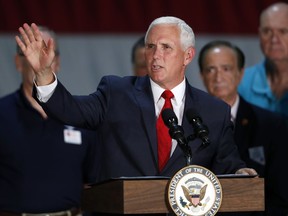 Vice President Mike Pence speaks to airmen during a visit to Nellis Air Force Base in Las Vegas Friday, Sept. 7, 2018.