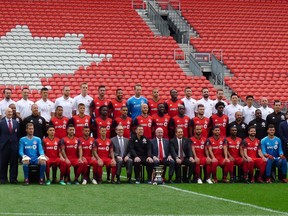 Members of the Toronto FC pose for their annual team photo at BMO Field in Toronto on Thursday, Sept. 13, 2018.
