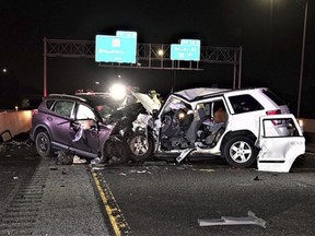 This photo provided by the Indiana State Police shows the scene of a crash on Interstate 90, early Saturday, Sept. 1, 2018 in Gary, Ind.  Indiana State Police say four people, including a child, have died in a wrong-way driver crash on Interstate 90. Police say the crash killed the driver of a Toyota SUV that was traveling west in the eastbound lanes of the highway with no headlights on. ( Indiana State Police via AP)