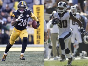 FILE - At left, in a Jan. 14, 2018, file photo, Pittsburgh Steelers running back Le'Veon Bell (26) plays in an NFL football game against the Jacksonville Jaguars, in Pittsburgh. At right, in a Sept. 16, 2018, file photo, Los Angeles Rams running back Todd Gurley runs against the Arizona Cardinals during the first half of an NFL football game, in Los Angeles. Todd Gurley of the Los Angeles Rams is the best running back in the league, as ranked by a panel of Associated Press NFL writers. Le'Veon Bell, though he has yet to sign his contract with the Pittsburgh Steelers this season, comes in second. (AP Photo/File)