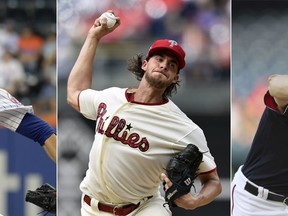 FILE - From left are 2018 file photos showing New York Mets pitcher Jacob deGrom,  Philadelphia Phillies pitcher Aaron Nola and Washington Nationals pitcher Max Scherzer. Jacob deGrom, Max Scherzer and Aaron Nola are going pitch for pitch in the NL Cy Young Award race. Baseball's advanced analytics think an MVP might be on the line between that trio, too.  (AP Photo/File)