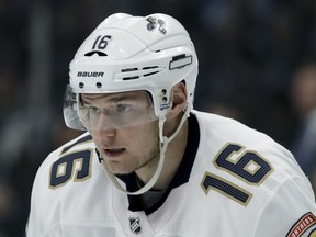 FILE - In this Nov. 18, 2017, file photo, Florida Panthers center Aleksander Barkov lines up for a face-off against the Los Angeles Kings during the third period of an NHL hockey game in Los Angeles. Barkov is the new captain of the Florida Panthers. Barkov is taking over for forward Derek MacKenzie, who held the role for the last two seasons. The 23-year-old from Finland becomes the 10th player to be designated as Florida's captain. The Panthers made the announcement Monday, Sept. 17, 2018, with general manager Dale Tallon saying the decision to turn the captaincy over to Barkov was about "turning this team over to our young core."