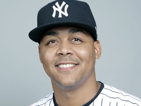 FILE - This is a 2018 file photo showing Justus Sheffield of the New York Yankees baseball team. Left-hander Justus Sheffield was put on the major league roster by the Yankees and could make his major league debut this week. The 22-year-old is nephew of former Yankees outfielder Gary Sheffield.