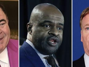 FILE - From left are 2018 file photos showing Pro Football Hall of Fame President David Baker, NFLPA Executive Director DeMaurice Smith and NFL Commissioner Roger Goodell. A group of Pro Football Hall of Famers is demanding health insurance coverage and a share of NFL revenues or else those former players will boycott the induction ceremonies. In a letter sent to NFL Commissioner Roger Goodell, NFLPA Executive Director DeMaurice Smith and Hall of Fame President David Baker -- and obtained by The Associated Press -- 21 Hall of Fame members cited themselves as "integral to the creation of the modern NFL, which in 2017 generated $14 billion in revenue." (AP Photo/File)
