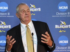 FILE - In this Thursday, Sept. 28, 2017 file photo, Hall of Fame basketball coach Jim Calhoun speaks after he was introduced at the University of Saint Joseph in West Hartford, Conn. Jim Calhoun has officially been named the head coach at Division III Saint Joseph University in Connecticut, Tuesday, Sept. 18, 2018.