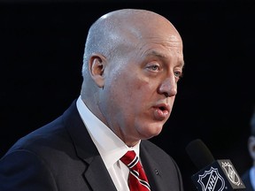 FILE - In this Oct. 23, 2016, file photo, NHL Deputy Commissioner Bill Daly speaks during a press conference in Winnipeg. Deputy commissioner Bill Daly says the NHL does not expect to change its rules on marijuana pending the legalization of cannabis in Canada in October. Daly said in an interview with The Associated Press on Thursday, Sept. 6, 2018,  at the league's annual preseason media tour that the Oct. 17 legalization in Canada won't affect the NHL/NHLPA drug-testing policy.