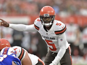 FILE - In this Aug. 17, 2018, file photo, Cleveland Browns quarterback Tyrod Taylor (5) stands at the line during the team's NFL football preseason game against the Buffalo Bills in Cleveland. For the Browns, winning the season opener over Pittsburgh could bring closure. The end of a 17-game losing streak. The first opening-week victory since 2004. More relief from the haunting memories of an 0-16 season. A new beginning for a franchise and fan base that has suffered far too long. Rarely has a first game felt some important.