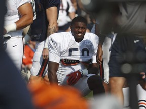 FILE - In this Aug. 15, 2018, file photo, Chicago Bears linebacker Roquan Smith (58) takes part in drills during a joint NFL football training camp session at Broncos' headquarters in Englewood, Colo. They added a potential cornerstone player on defense when they drafted inside linebacker Roquan Smith with the No. 8 overall pick. But they are mostly banking on continuity on that side.