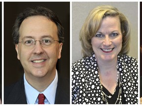 FILE - This combination of photos shows West Virginia state Supreme Court justices, from left, Robin Davis on Oct. 3, 2012, Allen Loughry on Oct. 3, 2012, Beth Walker on March 16, 2016 and Margaret Workman on Dec. 29, 2008. The state Senate meets Tuesday, Sept. 11, 2018, where the four impeached justices or their lawyers will make initial appearances in Charleston, W.Va. (Courtesy of the Charleston Gazette-Mail and The Daily Mail via AP, File)